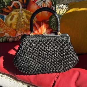 Vintage Black Beaded Taffeta Handbag